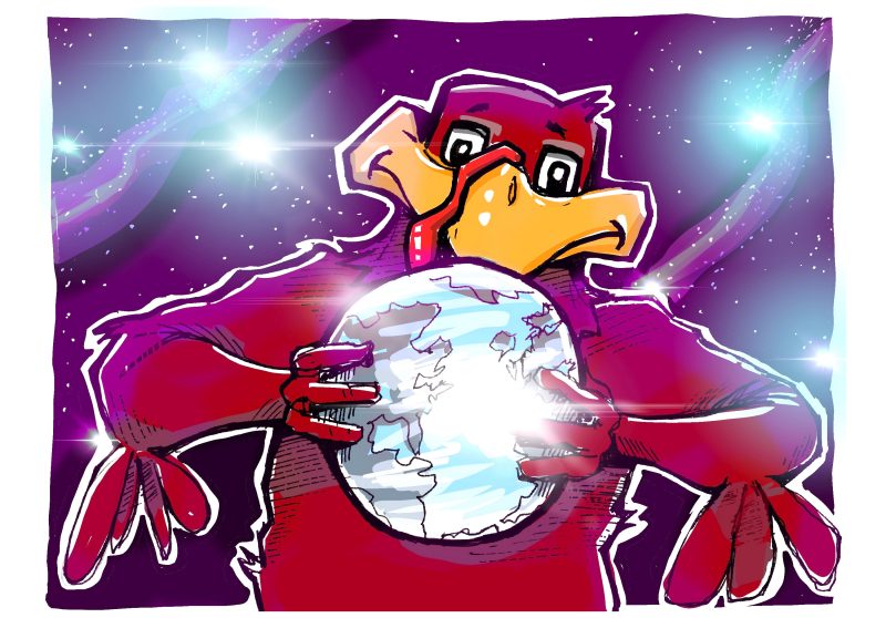 Hokie Bird holding the earth